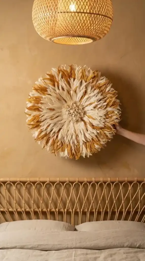 large-juju-hat-in-cream-and-ochre-feathers-being-positioned-on-a-warm-ochre-plaster-bedroom-wall-above-a-rattan-headboard