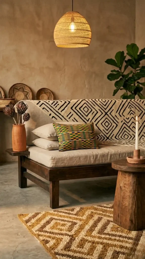 styled-sofa-featuring-a-mud-cloth-throw-geometric-rug-and-kente-cushion-under-warm-lighting