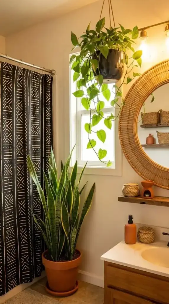 large-snake-plant-terracotta-pot-shower-corner-upright-vertical-lines-floor-level