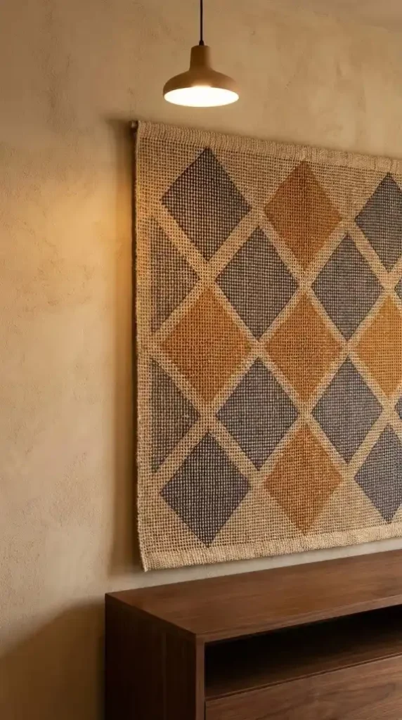 large-woven-natural-fiber-tapestry-in-ochre-and-indigo-geometric-diamond-pattern-being-positioned-on-a-warm-sand-plaster-wall