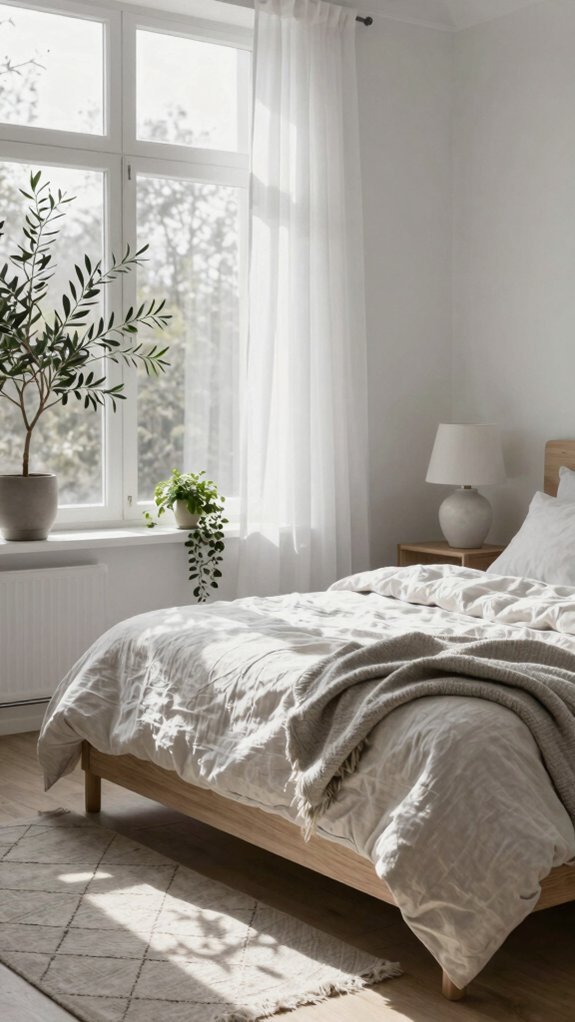 large windows sheer curtains mirrors greenery