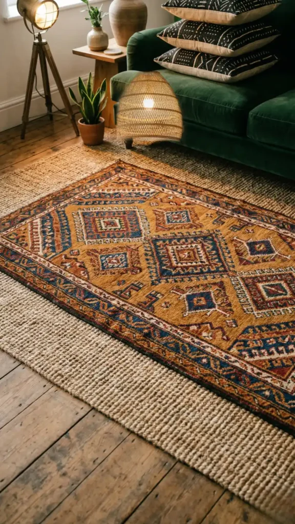 Layered-jute-base-rug-with-vibrant-kilim-in-seating-zone