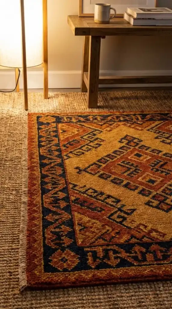 Vibrant-hand-knotted-kilim-layered-over-natural-jute-base-rug