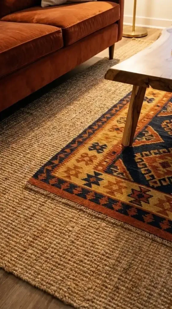 Layered-jute-base-rug-with-kilim-in-Afro-Bohemian-living-room