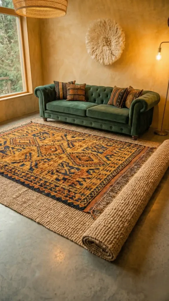 Vibrant-hand-knotted-kilim-layered-on-top-of-jute-base-rug