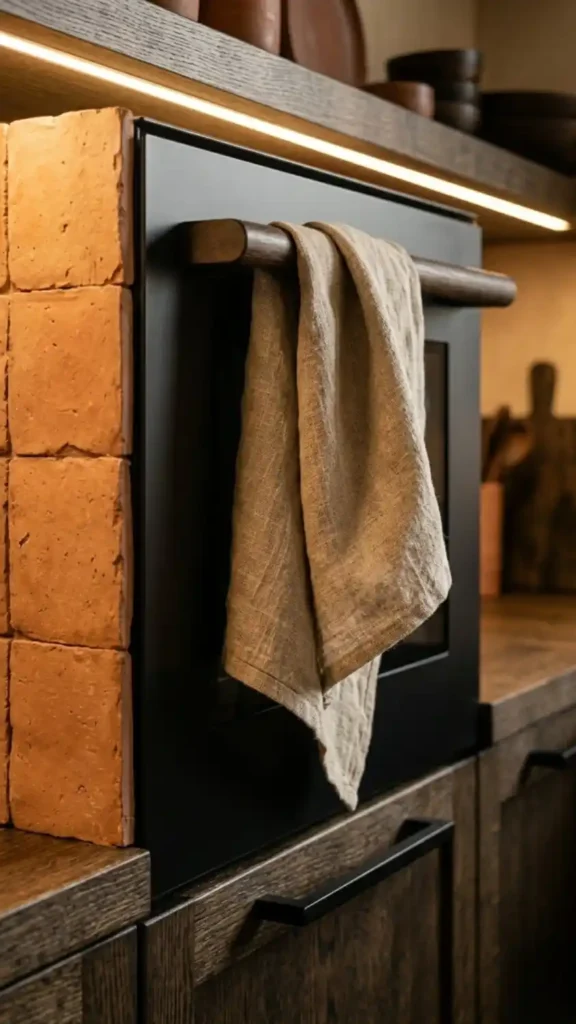 Raw-linen-tea-towel-draped-over-dark-wood-oven-handle-close-up