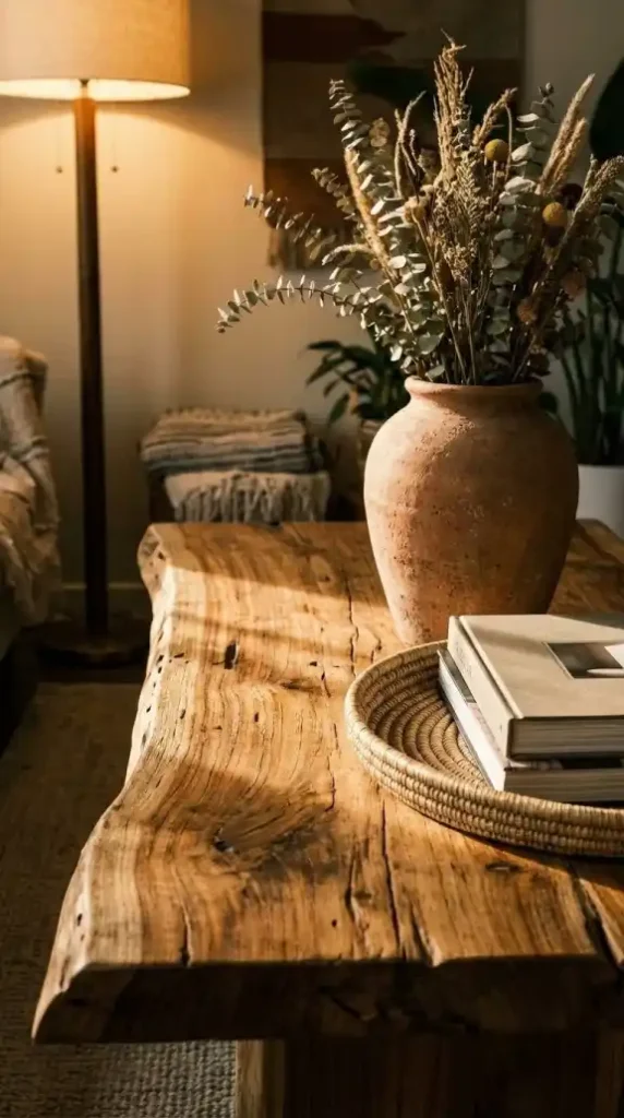 Live-edge-reclaimed-teak-coffee-table-with-terracotta-vessel-vignette