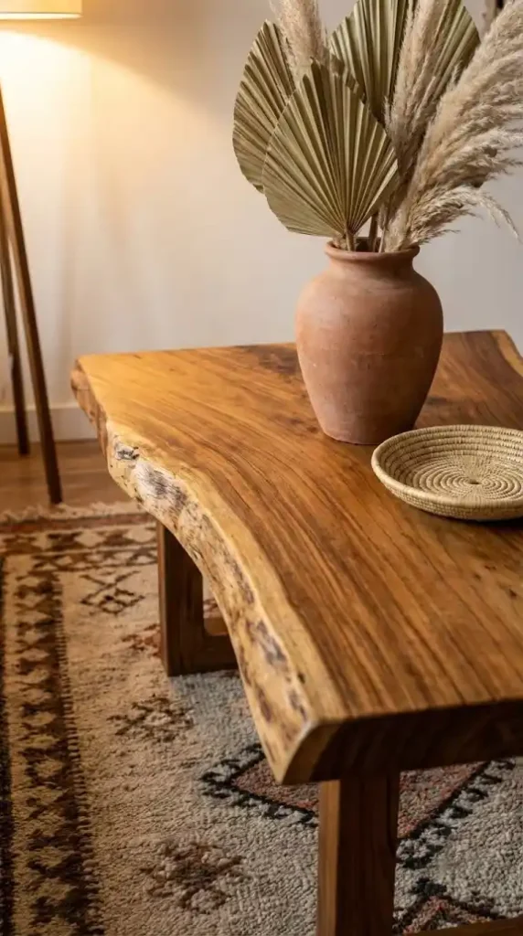 Live-edge-reclaimed-teak-coffee-table-centered-on-kilim-rug