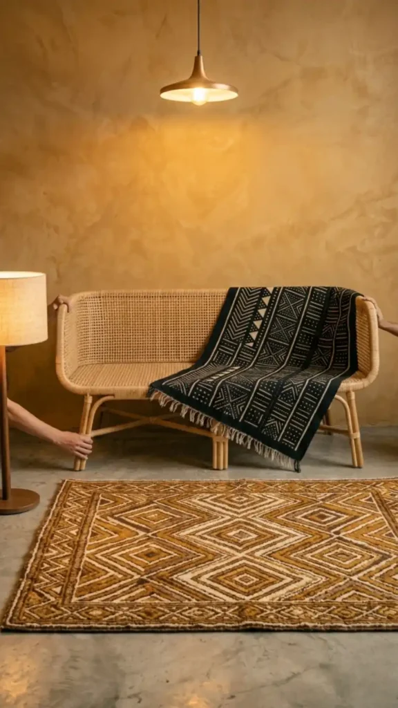 Low-profile-rattan-sofa-positioned-on-geometric-ochre-rug