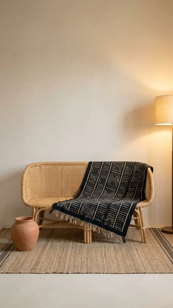 Intentionally-sparse-rattan-sofa-with-single-mud-cloth-throw