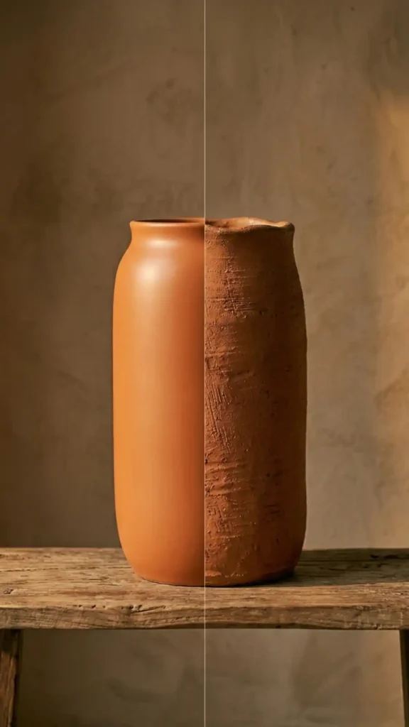 smooth-machine-made-ceramic-vase-beside-a-hand-thrown-terracotta-vessel-under-warm-directional-side-lighting