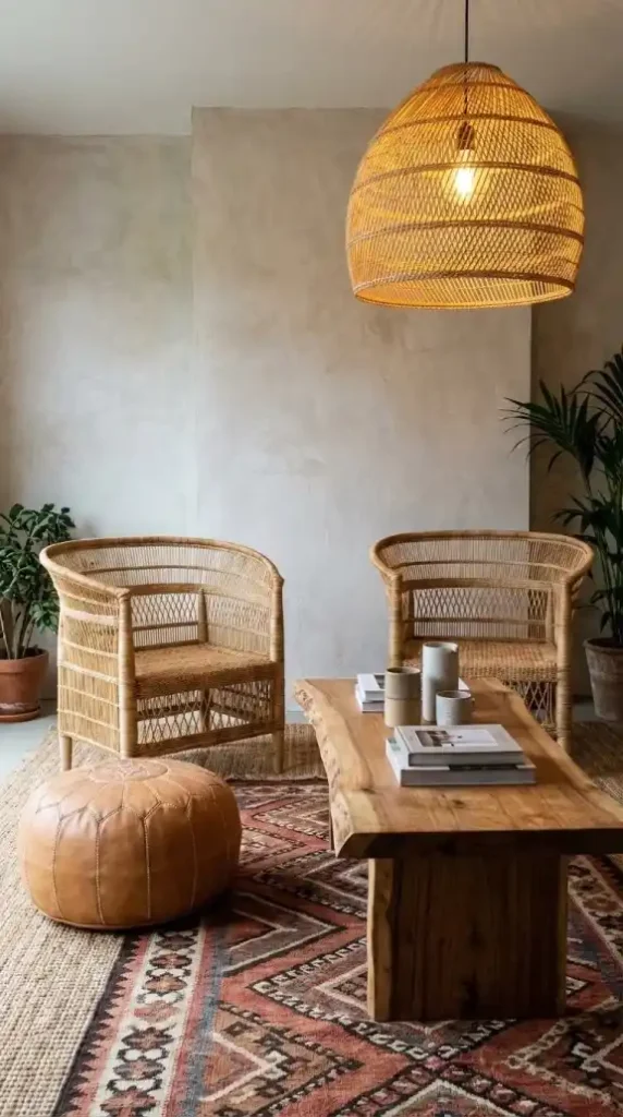 Two-Malawi-cane-chairs-flanking-live-edge-teak-coffee-table
