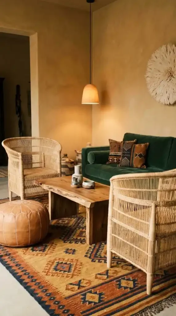 Malawi-cane-chairs-with-leather-pouf-flanking-teak-coffee-table