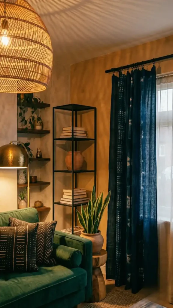 Matte-black-bookshelf-and-curtain-rod-in-Afro-Bohemian-corner