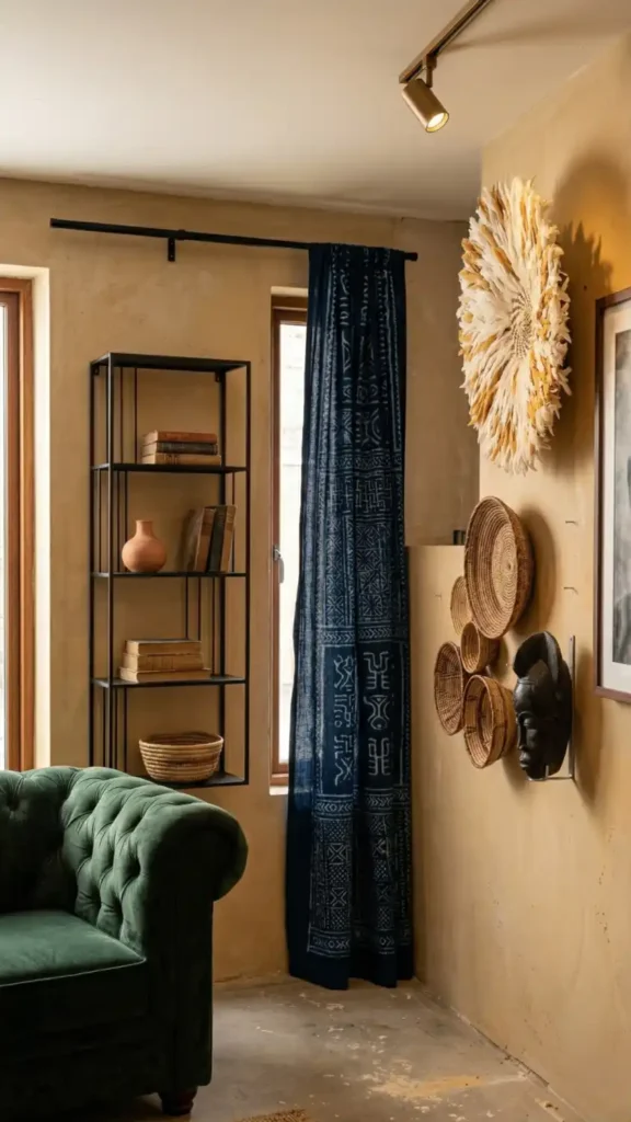 Matte-black-bookshelf-and-indigo-curtain-panels-installed-in-room