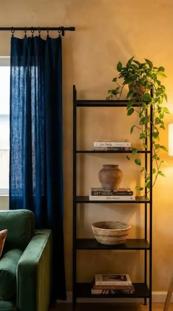 Slim-matte-black-bookshelf-with-indigo-curtain-panels-in-corner