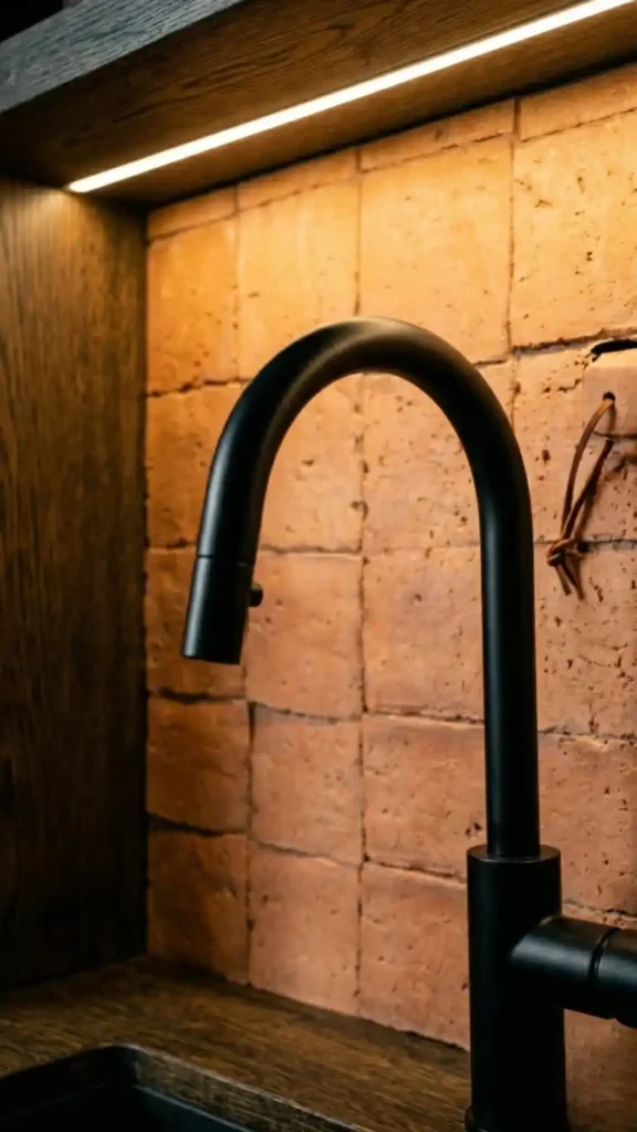 Matte-black-kitchen-faucet-against-terracotta-handmade-tile-backsplash-close-up