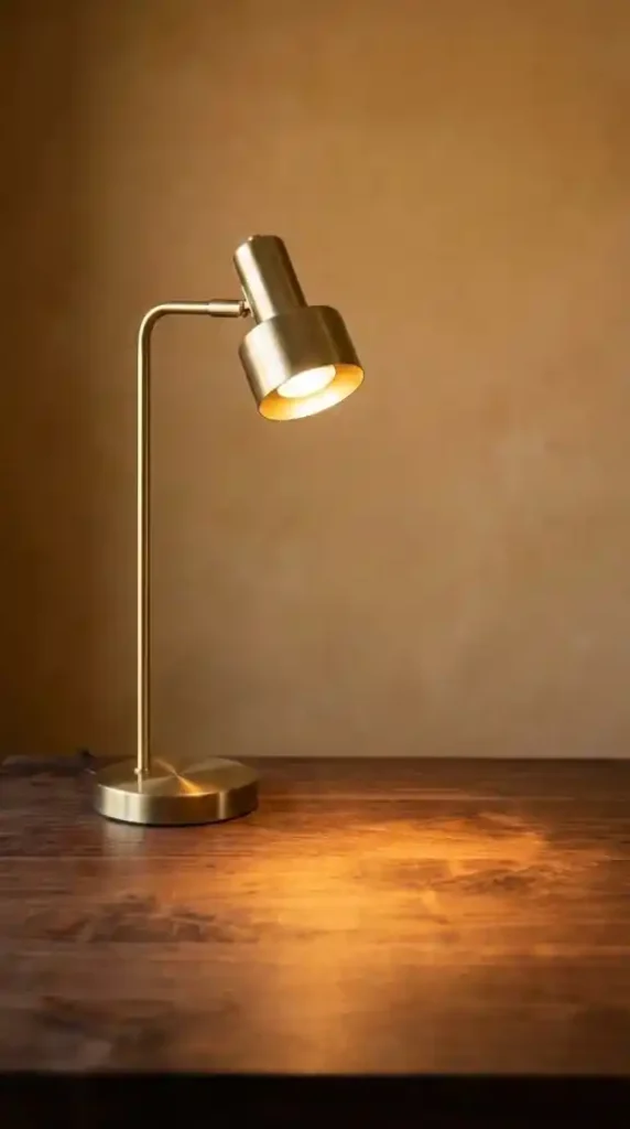 Minimalist-brass-desk-lamp-casting-warm-task-light-on-walnut-surface