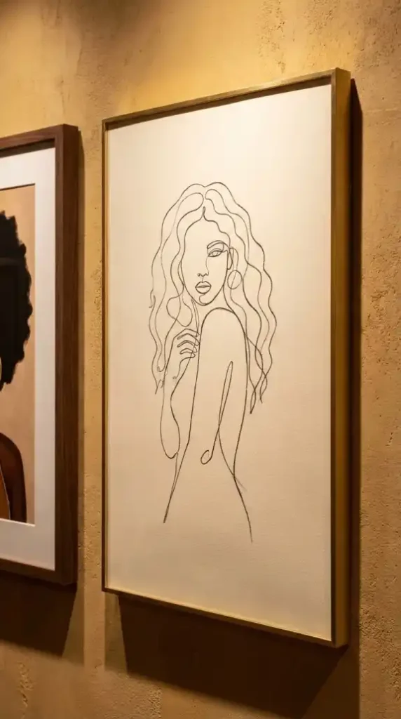 Minimalist-continuous-line-silhouette-in-thin-brass-frame-on-plaster