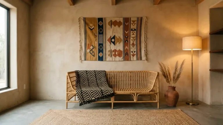 Afro-Bohemian-living-room-with-rattan-sofa-mud-cloth