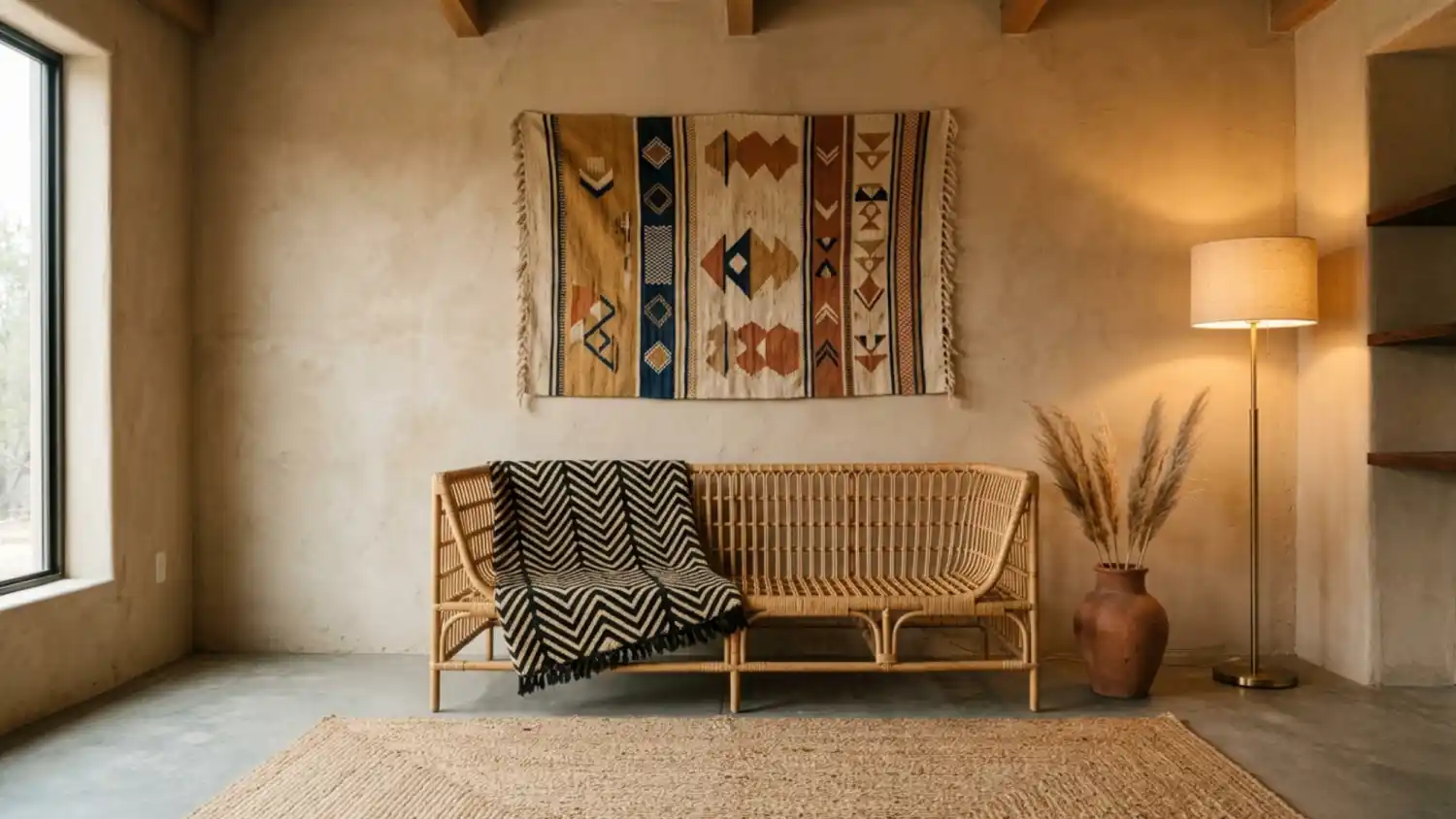 Afro-Bohemian-living-room-with-rattan-sofa-mud-cloth