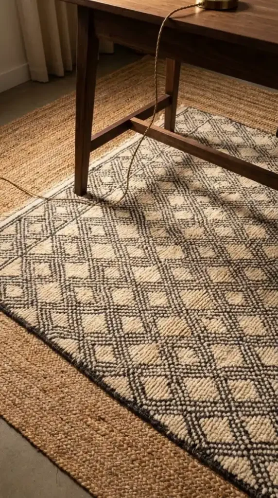 Moroccan-Berber-rug-layered-on-jute-base-at-Afro-Bohemian-desk-zone