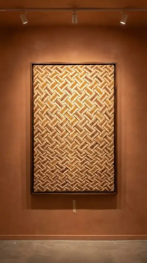 Large-Kuba-cloth-panel-mounted-alone-at-gallery-wall-center-axis