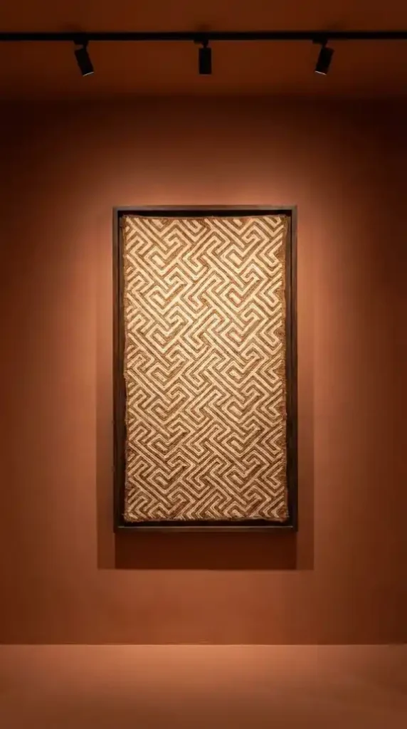 Kuba-cloth-panel-mounted-alone-on-warm-terracotta-plaster-gallery-wall