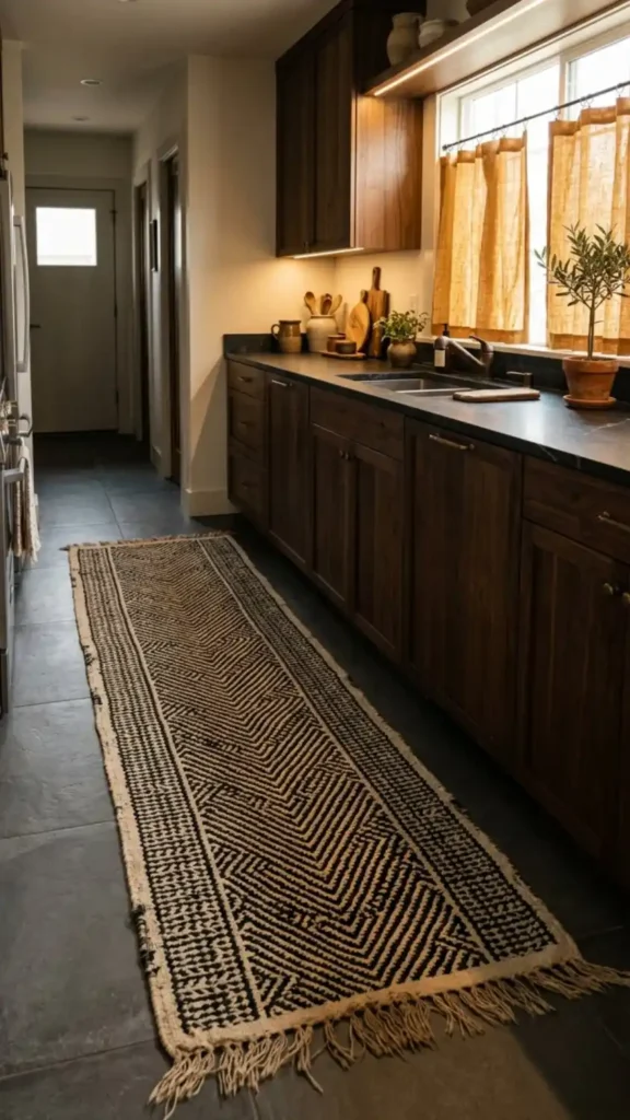 Mud-cloth-floor-runner-and-raw-linen-curtains-in-Afro-Bohemian-kitchen