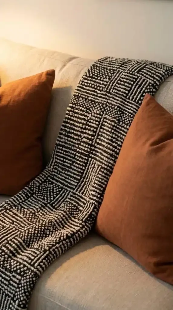 mud-cloth-geometric-throw-is-balanced-by-two-solid-rust-linen-cushions-on-either-side-of-it