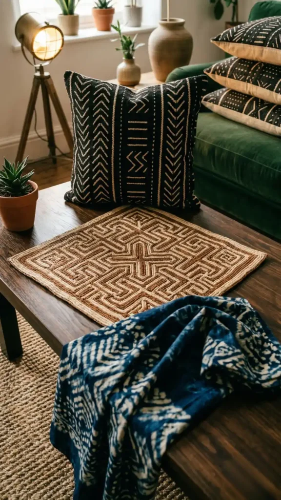 Three-African-textile-samples-arranged-on-dark-wood-coffee-table