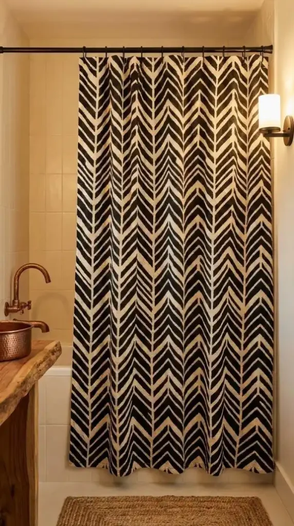 mud-cloth-shower-curtain-black-cream-chevron-matte-black-rod-afro-bohemian-bathroom