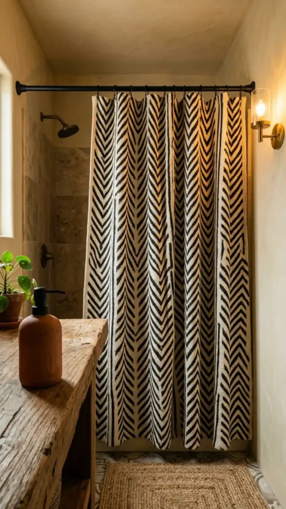 mud-cloth-shower-curtain-in-black-and-cream-geometric-chevron-pattern-hanging-from-a-matte-black-curtain-rod-in-an-afro-bohemian-bathroom