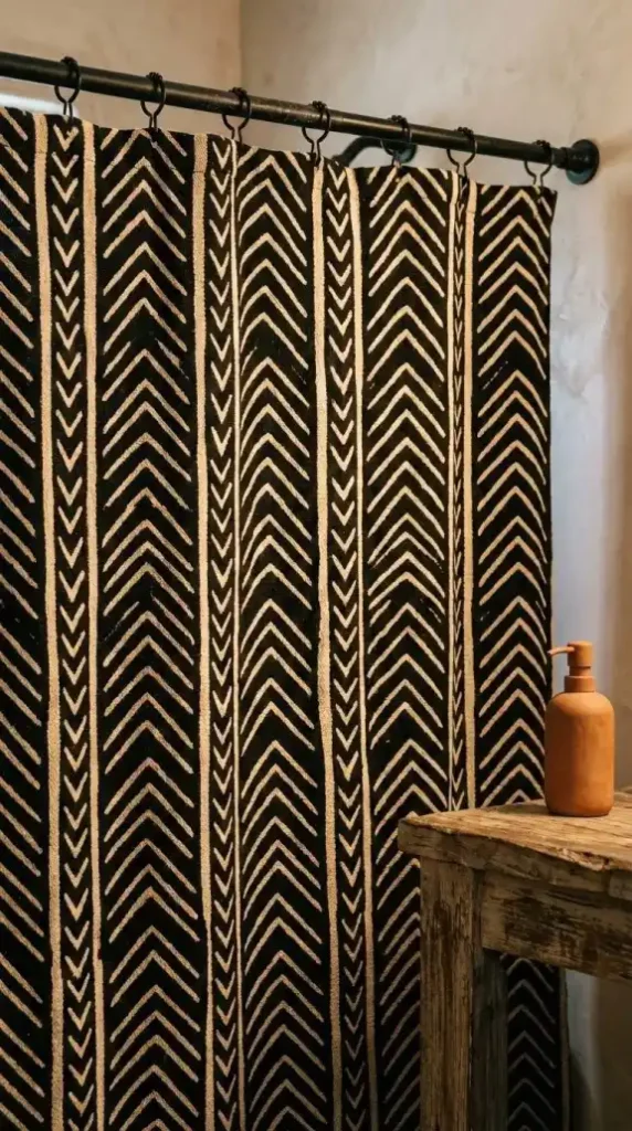 mud-cloth-shower-curtain-in-black-and-cream-geometric-chevron-pattern-hanging-from-a-matte-black-curtain-rod-in-an-afro-bohemian-bathroom