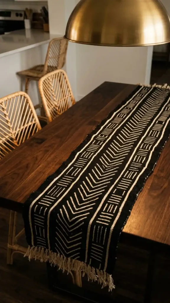 Mud-cloth-table-runner-on-dark-wood-dining-surface-with-rattan-stools