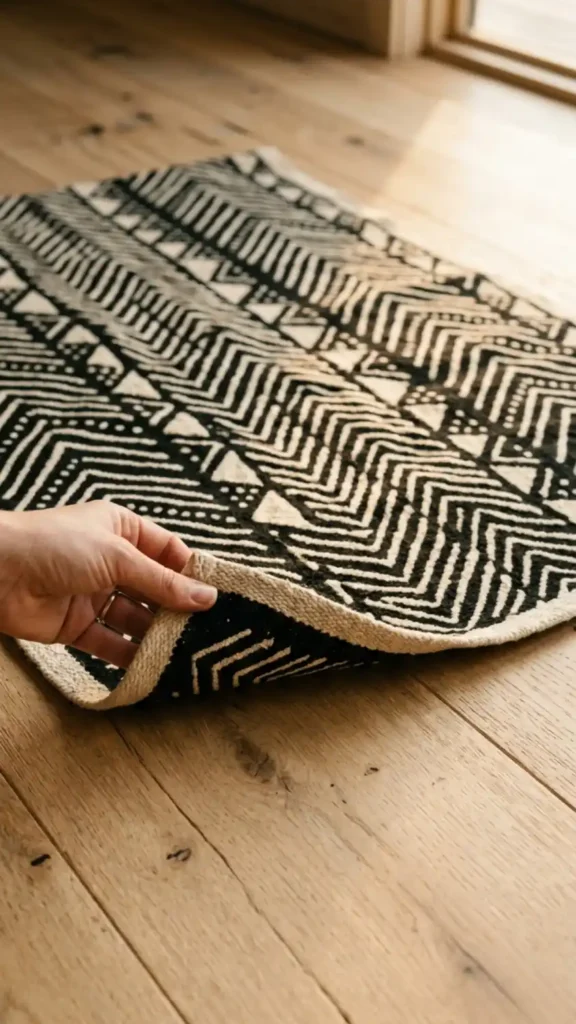 Mud-cloth-throw-with-geometric-chevron-pattern-on-floor