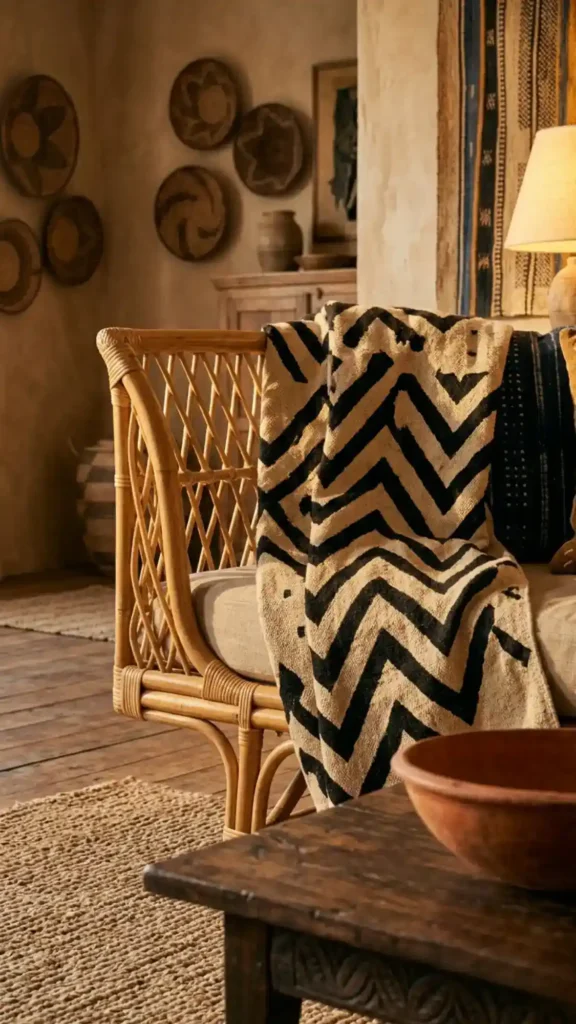 black-and-cream-chevron-mud-cloth-throw-draped-over-a-rattan-sofa-arm-under-warm-lighting