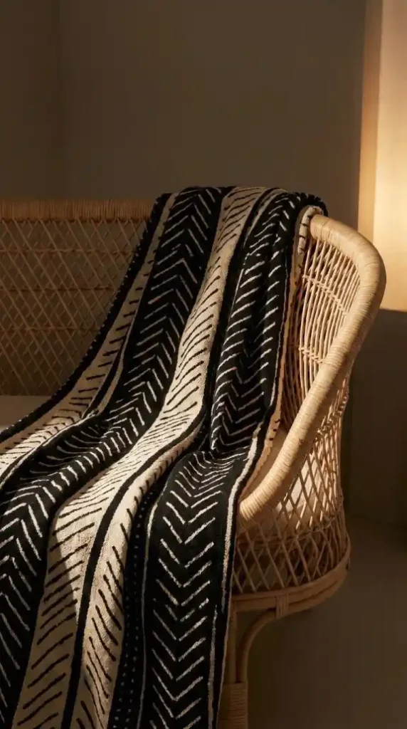 mud-cloth-throw-in-black-and-cream-geometric-chevron-pattern-draped-over-the-arm-of-a-plain-low-rattan-sofa
