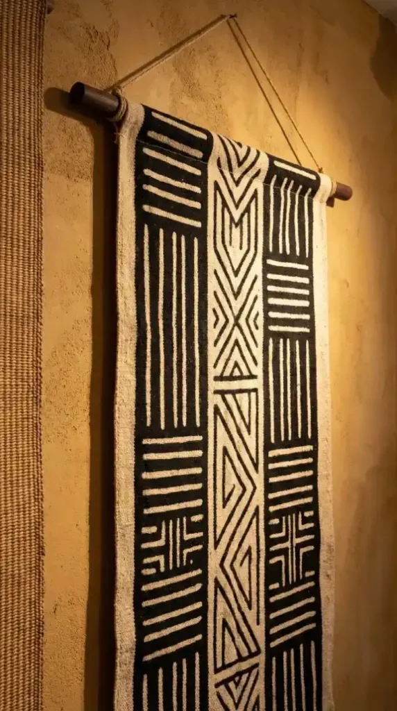 Mud-cloth-panel-hung-from-dark-wood-dowel-on-warm-ochre-plaster-wall