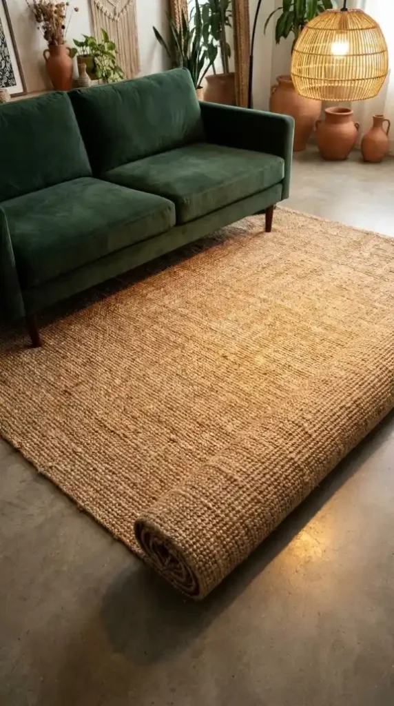 Large-natural-jute-rug-extending-under-forest-green-velvet-sofa