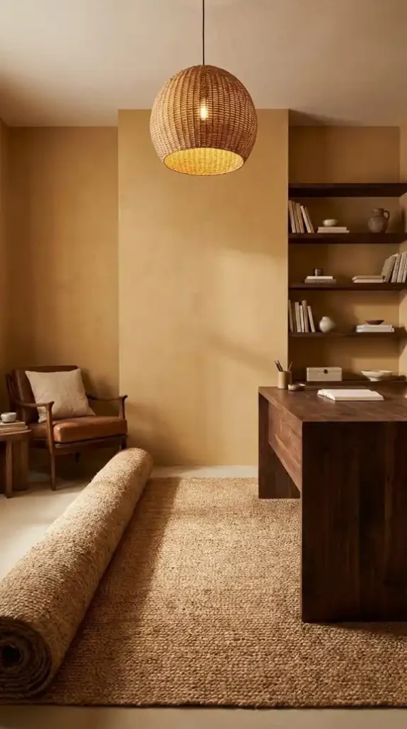 Large-natural-jute-rug-unrolled-across-Afro-Bohemian-office-floor