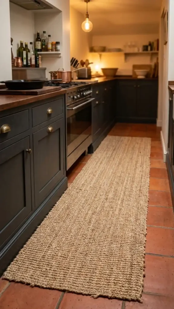 Long-jute-runner-on-kitchen-galley-floor-beside-dark-lower-cabinets