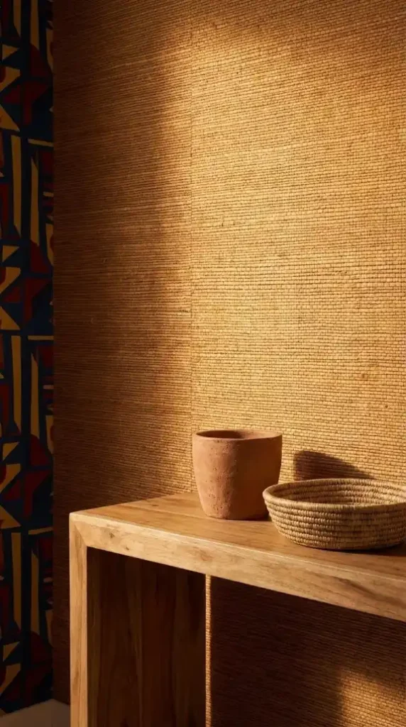 natural-woven-grass-fiber-honey-ochre-texture-shadow-depth-acacia-wood-console-terracotta-vessel-seagrass-basket