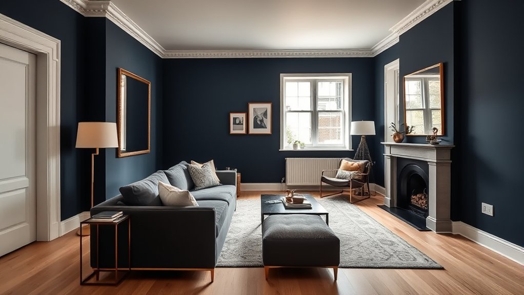 navy walls layered lighting minimized clutter