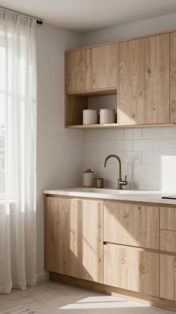 neutral tones with warm wood accents