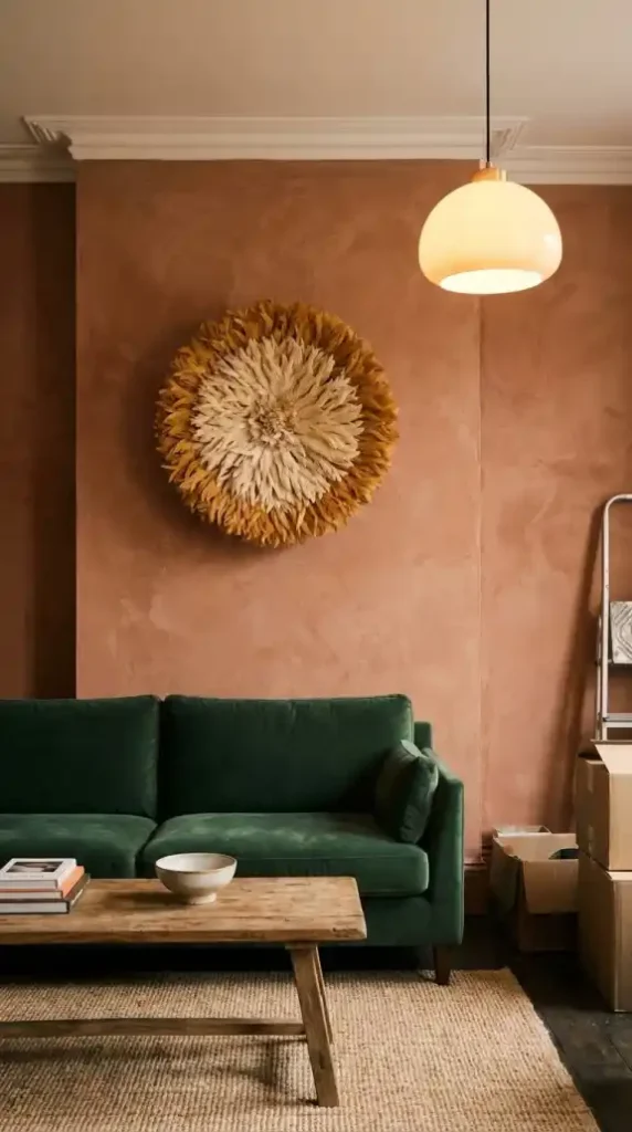 Large-ochre-cream-Juju-hat-mounted-on-warm-terracotta-plaster-wall