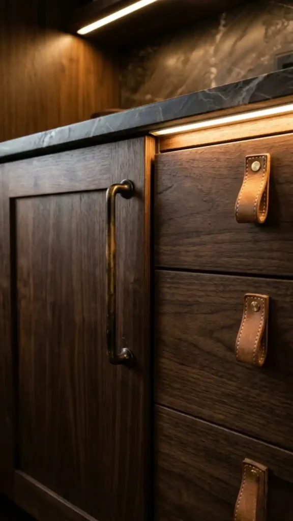 Oil-rubbed-bronze-bar-handles-and-leather-tab-pulls-on-dark-cabinets