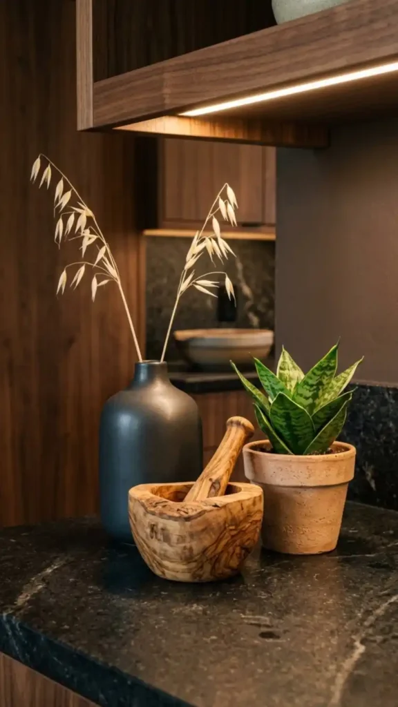 Three-element-counter-vignette-with-stoneware-olive-wood-and-living-plant