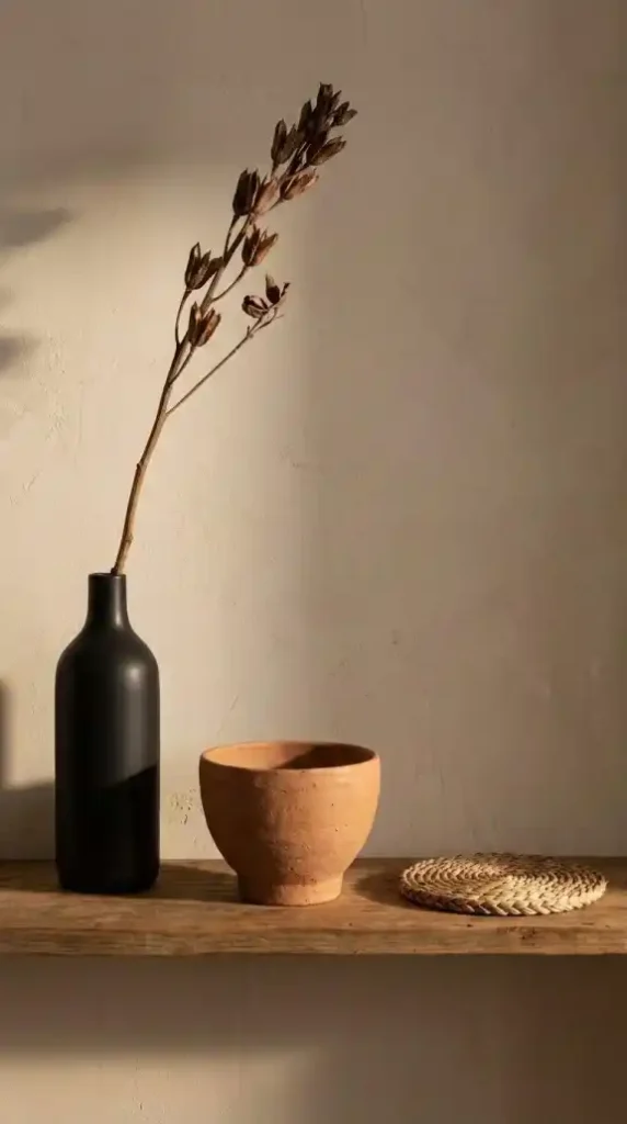 one-tall-matte-black-ceramic-vase-with-a-single-dried-stem-one-mid-height-hand-thrown-terracotta-bowl-one-small-coiled-grass-trivet-lying-flat