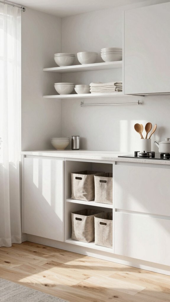 open shelves wood light finishes